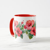 Mug Aquarelle Rouge Hibiscus Tropical Floral Vert (Devant gauche)
