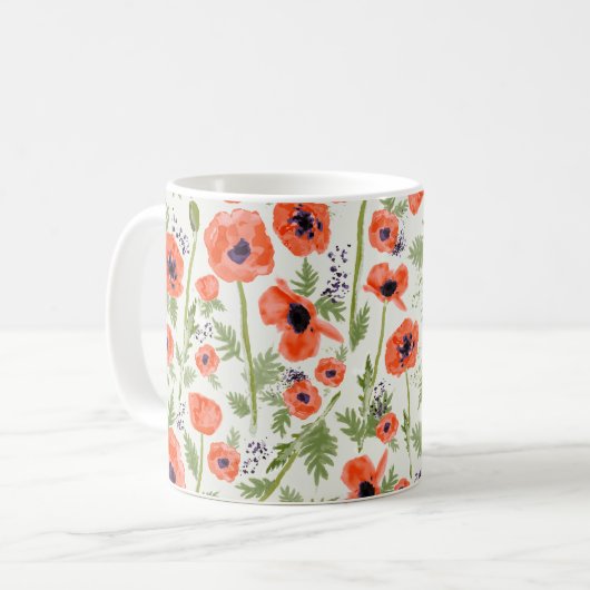 Mug Aquarelle rouge orange moderne Fleurs de pavot pei (Devant gauche)