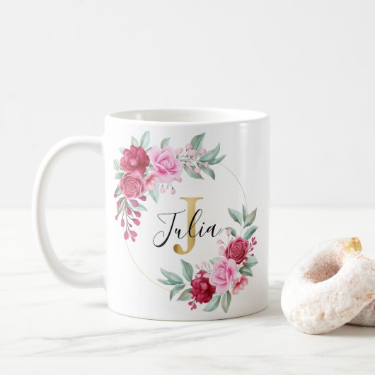 Mug Aquarelle rouge rose or Floral Monogramme J (Avec donut)