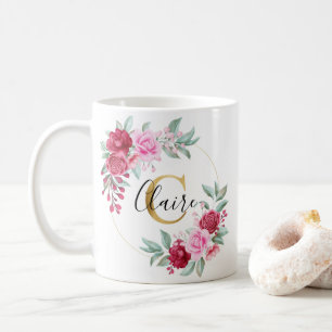 Mug Aquarelle rouge rose or Monogramme floral C