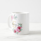 Mug Aquarelle rouge rose or Monogramme floral E (Devant gauche)
