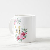 Mug Aquarelle rouge rose or Monogramme floral M (Devant gauche)