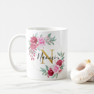 Mug Aquarelle rouge rose or Monogramme floral N