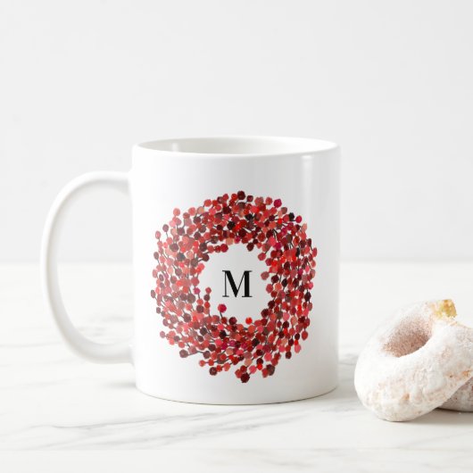 Mug Aquarelle Rouge Winterberry Wreath Monogramme (Avec donut)