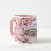 Mug Aquarelle Sakura Cherry Blossom et Mountain View (Devant gauche)
