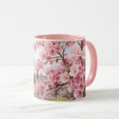 Mug Aquarelle Sakura Cherry Blossom et Mountain View (Devant droit)