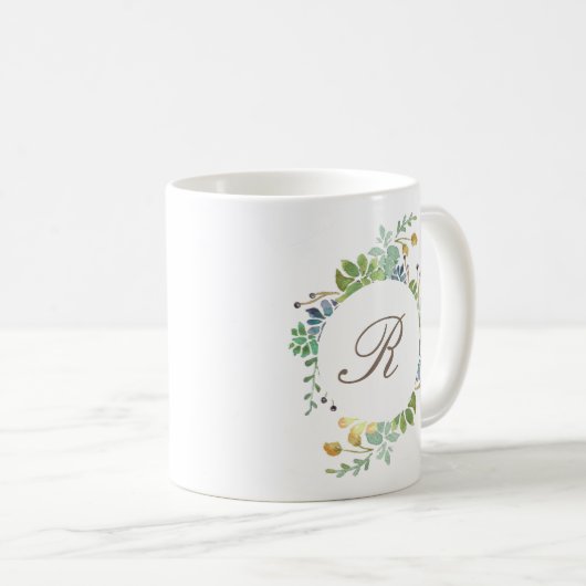 Mug Aquarelle Succulente du jardin | Initiale (Devant droit)