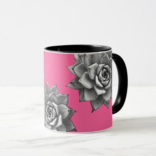 Mug Aquarelle Succulente Gris sur rose chaud (Devant droit)