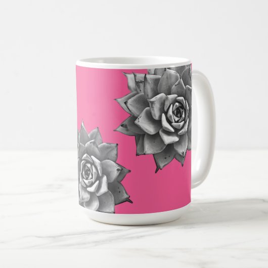 Mug Aquarelle Succulente Gris sur rose chaud (Devant droit)