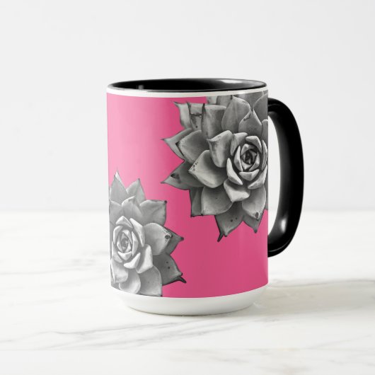 Mug Aquarelle Succulente Gris sur rose chaud (Devant droit)