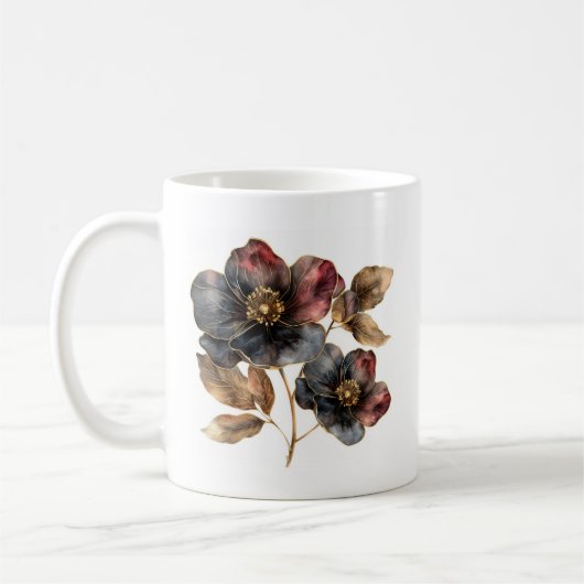 Mug Aquarelle tendance or noir et fleurs bordeaux (Gauche)