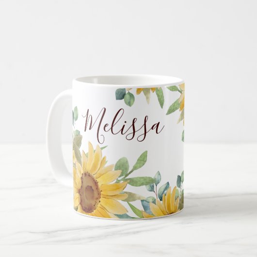 Mug Aquarelle Tournesol Floral Nom du monogramme (Devant gauche)