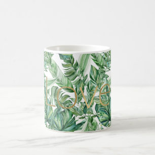 Mug Aquarelle tropicale Vert Feuille Gold Love (mince)