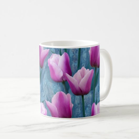 Mug Aquarelle Tulipes roses et stuc bleu (Devant droit)