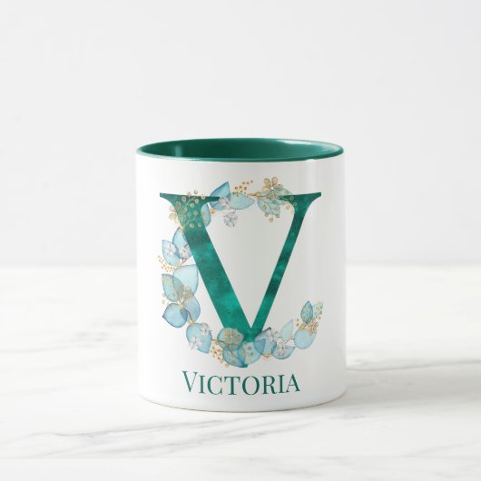 Mug Aquarelle Turquoise et or Monogramme V (Centre)