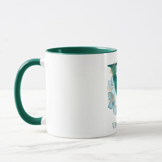 Mug Aquarelle Turquoise et or Monogramme V (Gauche)