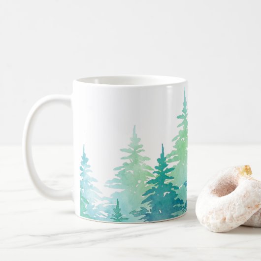 Mug Aquarelle vert turquoise Arbres À feuillage persis (Avec donut)