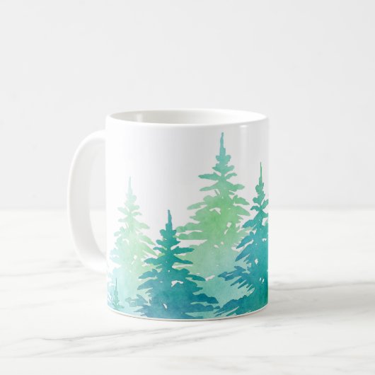 Mug Aquarelle vert turquoise Arbres À feuillage persis (Devant gauche)