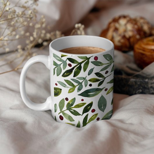 Mug Aquarelle verte branches saisonnières et baies