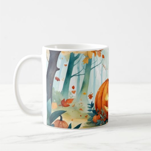 Mug Aquarelle verte orange Forêt Citrouille d'automne (Gauche)