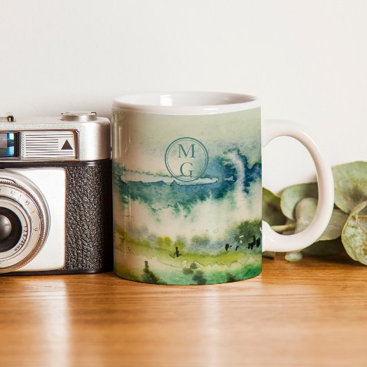 Mug Aquarelle verte Turquoise Monogramme