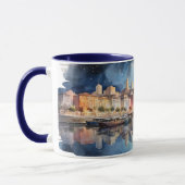 Mug Aquarelle Ville Vue nocturne avec lac, Bateau de p (Gauche)