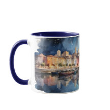 Aquarelle Ville Vue nocturne avec lac, Bateau de p
