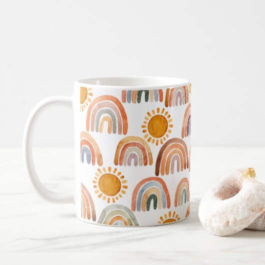 Mug Aquarelle Whimsical Boho Rainbow et Sun Kids  (Avec donut)