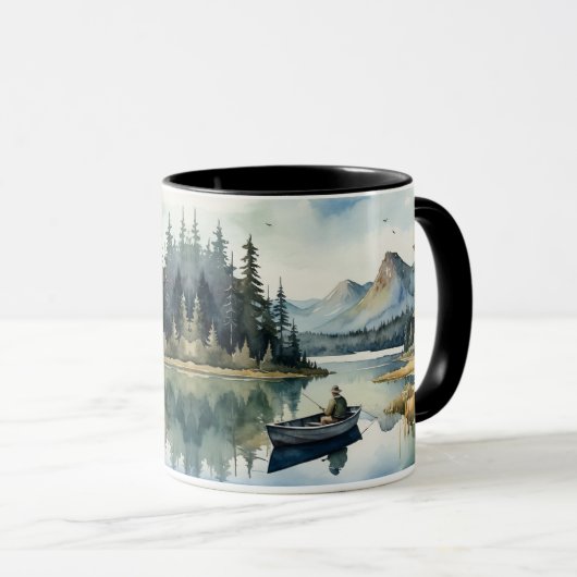 Mug Aquarelle Wilderness Fishing Lake in Boat (Devant droit)