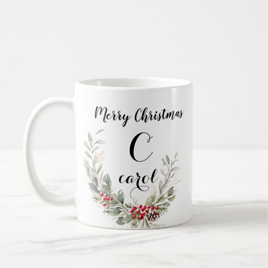 Mug Aquarelle Wreath Monogramme et Script Noël (Gauche)