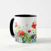 Mug Aquarelles colorées Fleurs et Poppies rouges (Devant gauche)