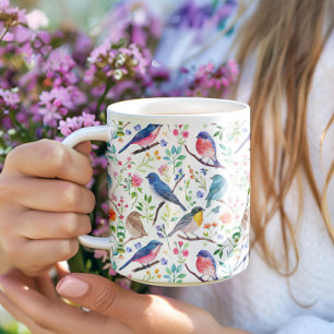 Mug Aquarelles colorées oiseaux et fleurs motif