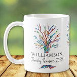 Mug Arborescence familiale personnalisée<br><div class="desc">Cette élégante Family Reunion Coffee Cup est décorée d'un arbre de famille en mosaïque colorée. Facilement personnalisable avec votre nom de famille et l'année de votre réunion. Utilisez l'option Personnaliser supplémentaire pour modifier la taille, le style ou la couleur du texte si vous le souhaitez. Parce que nous créons notre...</div>