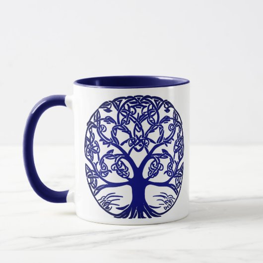 Mug Arbre à noeuds celtique bleu sur blanc (Gauche)