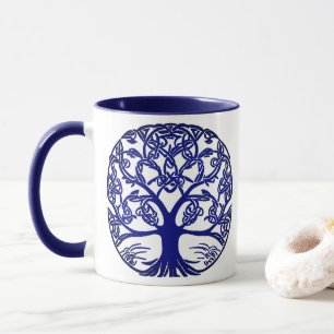 Mug Arbre à noeuds celtique bleu sur blanc