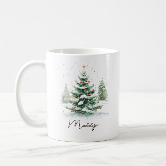 Mug Arbre de Noël à l'aquarelle avec écriture simple  (Gauche)