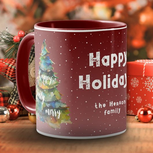 Mug Arbre de Noël Aquarelle Joyeux Jolly Joyeux Famill