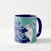 Mug Arbre de Noël Artiste Bleu Joyeux Script Famille (Devant droit)