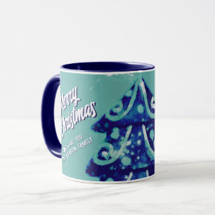Mug Arbre de Noël Artiste Bleu Joyeux Script Famille
