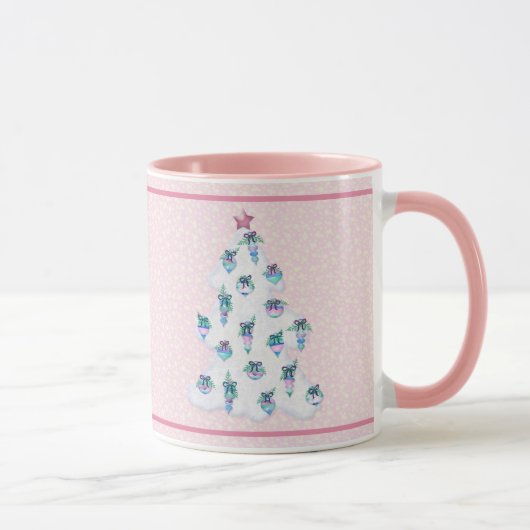 Mug Arbre de Noël blanc avec Aquarelle Ornements rose (Droite)
