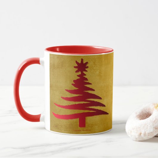 Mug Arbre de Noël crayon rouge sur or (Avec donut)