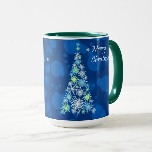 Mug Arbre de Noël en flocons de neige. (Devant droit)