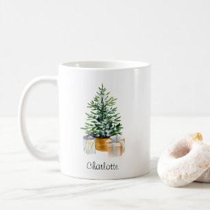Mug Arbre de Noël minimal blanc vert personnalisé