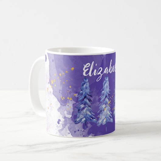 Mug Arbre de Noël pourpre Flèches de neige dorées (Devant gauche)
