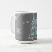 Mug Arbre de Noël turquoise et flocons de neige (Devant gauche)