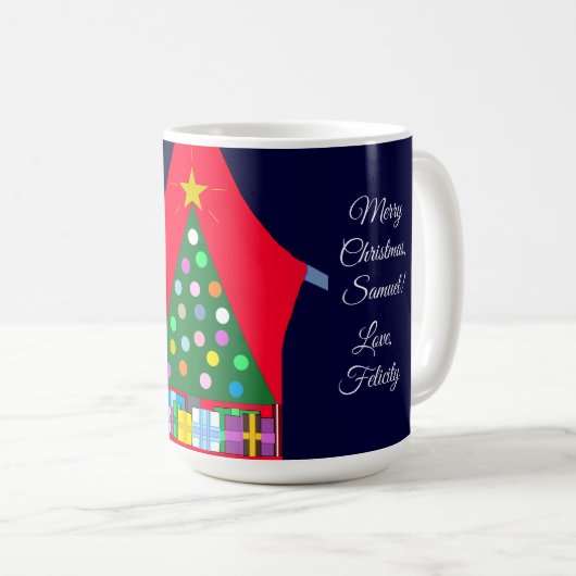 Mug Arbre de Noël vert avec Draps Bleus : (Devant droit)