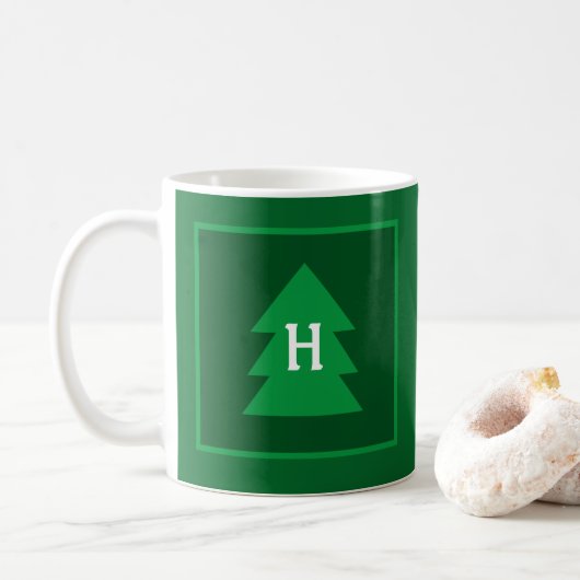 Mug Arbre de Noël vert foncé personnalisé Élégant init (Avec donut)