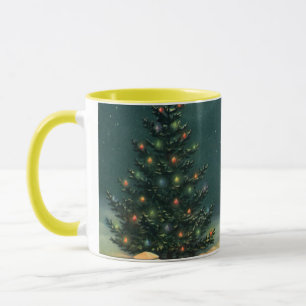 Mug Arbre de Noël vintage la nuit avec lumières et nei