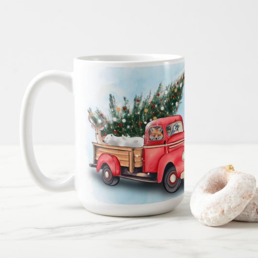 Mug Arbre de Noël vintage Red Truck (Avec donut)