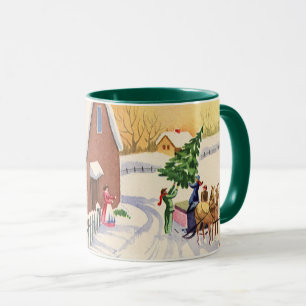 Mug Arbre de Noël vintage sur une route enneigée d'hiv